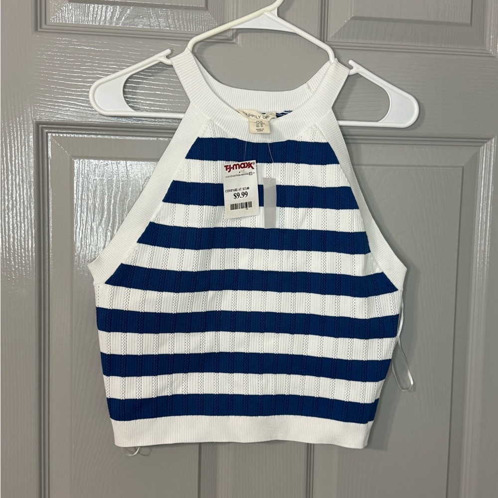 Happily Gray | Striped White and Blue Halter Top | XL